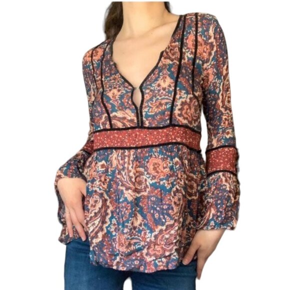 American Eagle Rustic colored Boho Retro Paisley Print Long Bell Sleeve Blouse M - Picture 16 of 16